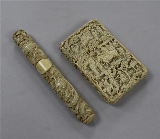 A Chinese ivory card case and needle case